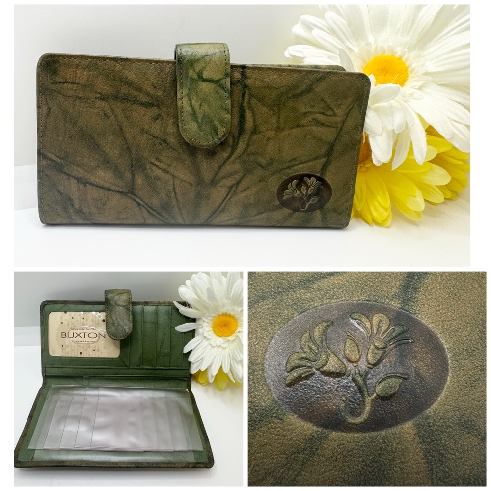 NWOT- Vintage Buxton Marble Green Genuine Leather Bi-Fold Checkbook Wallet